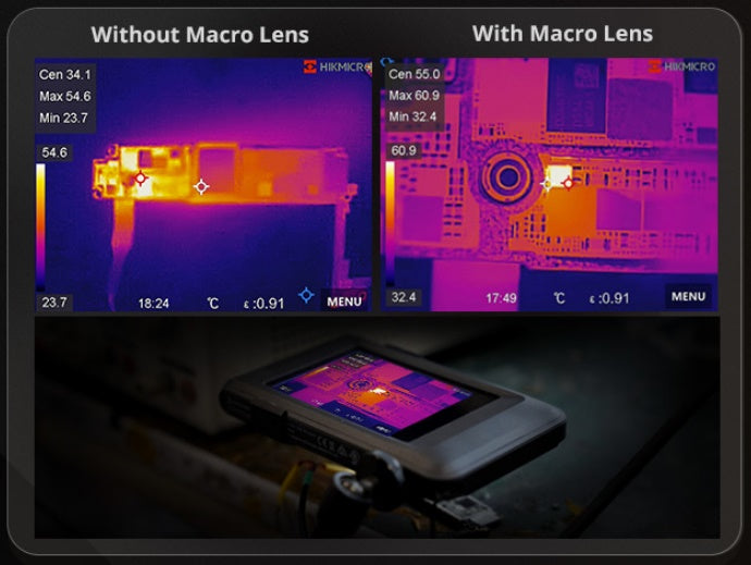 A circuit board imaged by the HIKMICRO Pocket2 without and with its macro lens, and the Pocket2 on its desk stand