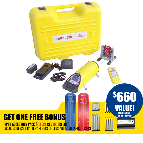 Leica PIPER Red Beam Pipe Laser Level 200 with Alignmaster, Remote, Target, & Li-Ion Batteries