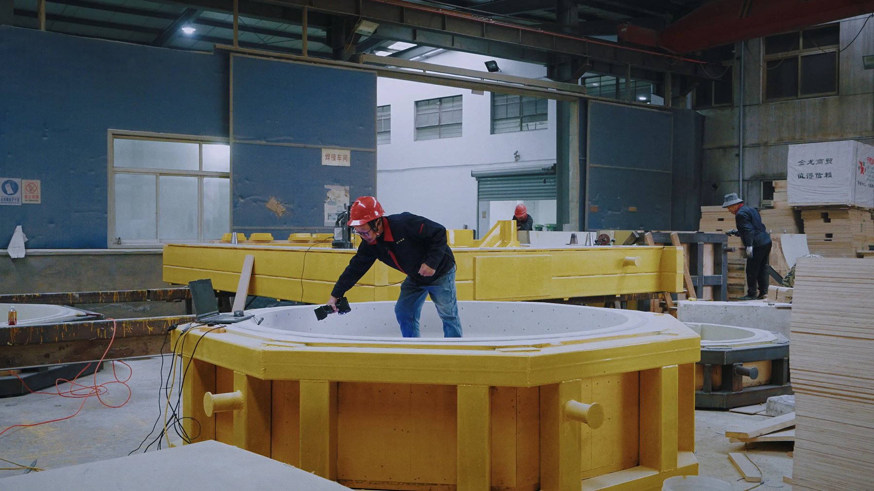 A large wooden mould being 3D scanned with a handheld metrology scanner