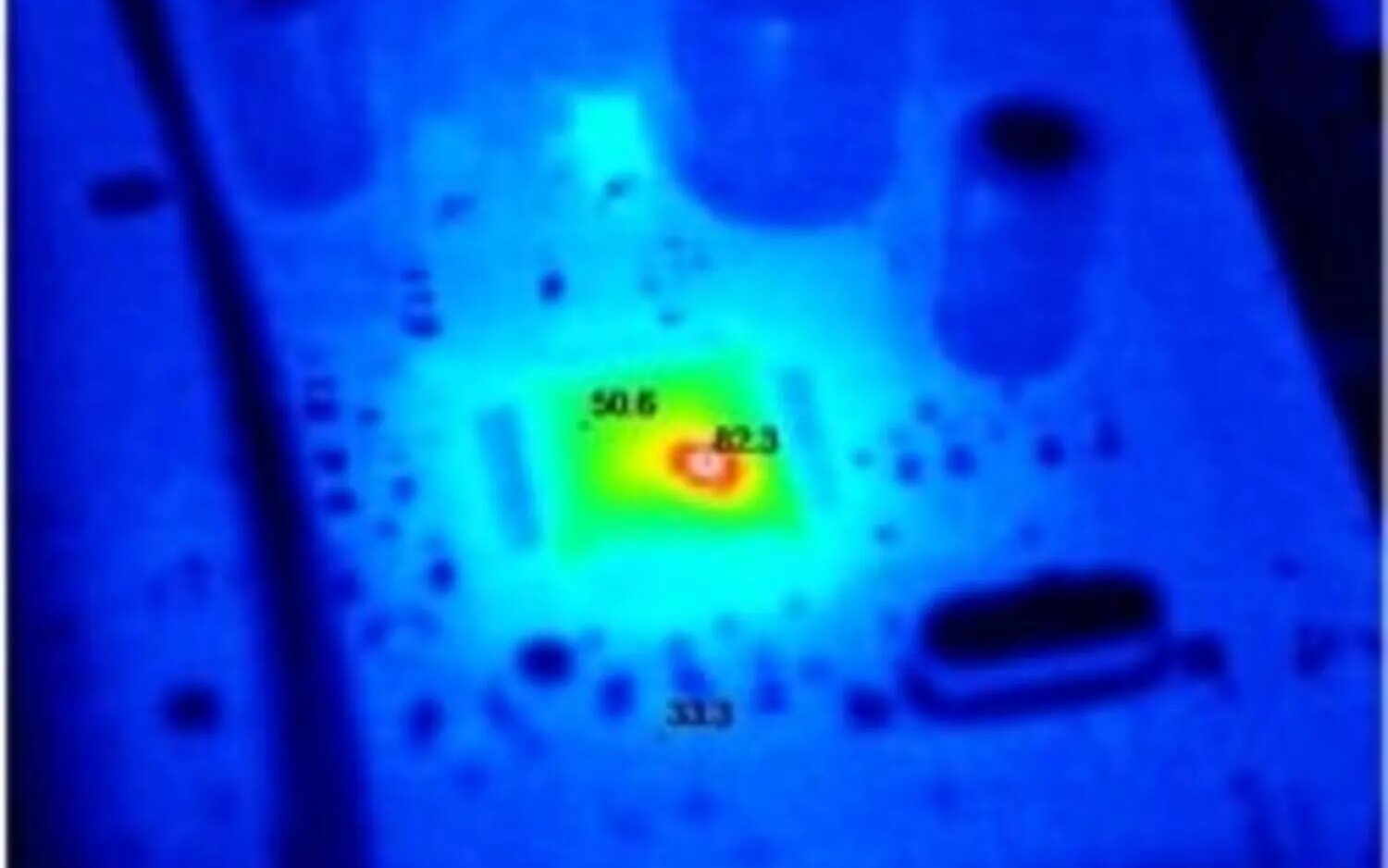 Thermal image of a circuit board with one component running hot