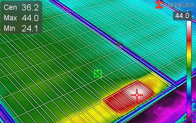 Thermal image of a solar panel with one hot area
